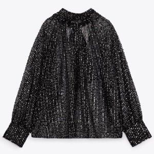 Zara Tied Collar Sequin Blouse